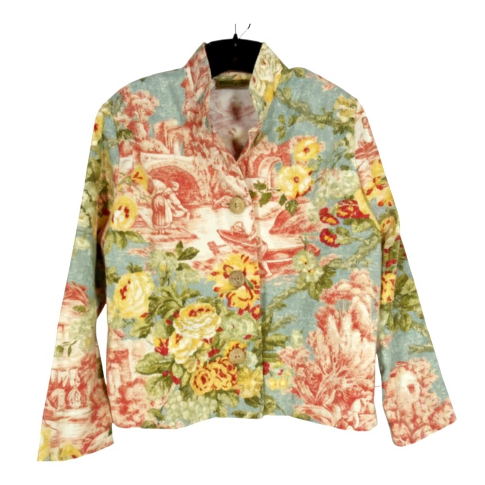 Vtg PAINTED PONY Multicolor Floral Toile TAPESTRY Wooden Button-Up Jacket Sz S